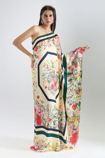 Prints By Radhika_Multi Color Crepe, Twill, Silk Satin Asymmetric Bouquet Print Kaftan _at_Aza_Fashions