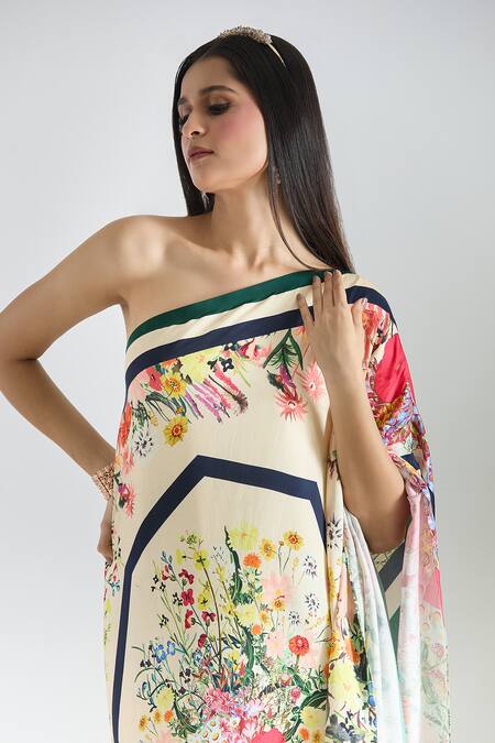 Buy_Prints By Radhika_Multi Color Crepe, Twill, Silk Satin Asymmetric Bouquet Print Kaftan 