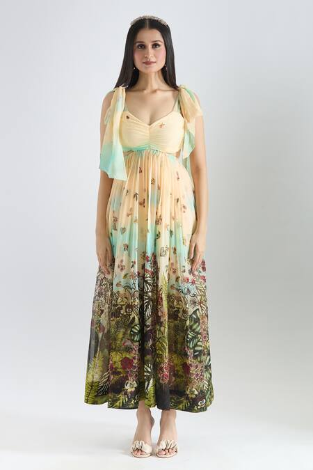Prints By Radhika_Multi Color Organza Printed Botanical Sweetheart Neck Pleated Dress _Online_at_Aza_Fashions