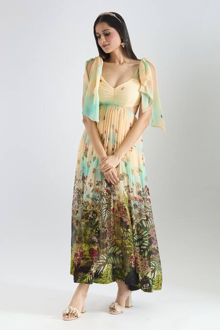 Shop_Prints By Radhika_Multi Color Organza Printed Botanical Sweetheart Neck Pleated Dress _Online_at_Aza_Fashions