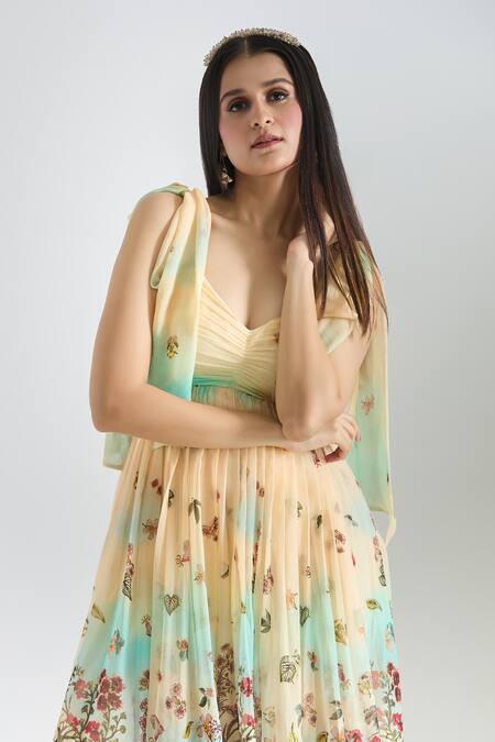 Prints By Radhika_Multi Color Organza Printed Botanical Sweetheart Neck Pleated Dress _at_Aza_Fashions