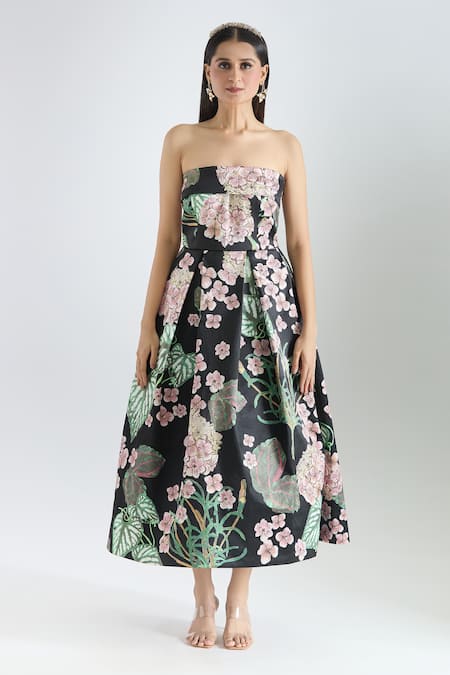Prints By Radhika Black Dutchess Satin Printed Garden Straight Neck Dress Online at Aza Fashions Prints By Radhika_Black Dutchess Satin Printed Garden Straight Neck Dress _Online_at_Aza_Fashions