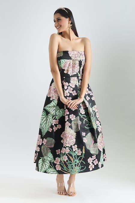 Buy Prints By Radhika Black Dutchess Satin Printed Garden Straight Neck Dress Online at Aza Fashions Buy_Prints By Radhika_Black Dutchess Satin Printed Garden Straight Neck Dress _Online_at_Aza_Fashions