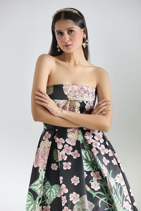 Shop Prints By Radhika Black Dutchess Satin Printed Garden Straight Neck Dress Online at Aza Fashions Shop_Prints By Radhika_Black Dutchess Satin Printed Garden Straight Neck Dress _Online_at_Aza_Fashions