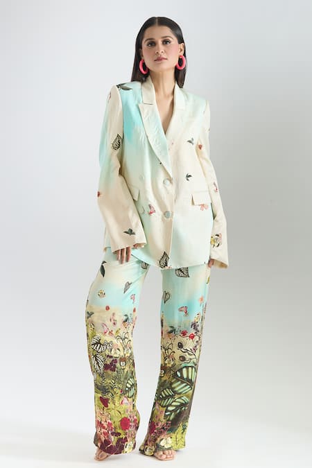 Prints by Radhika Multi Color Twill Silk Satin Printed Floral Notched Placement Blazer And Pant Set 