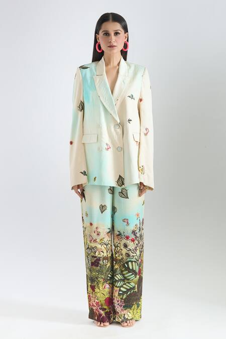 Prints By Radhika_Multi Color Twill Silk Satin Printed Floral Notched Placement Blazer And Pant Set _Online_at_Aza_Fashions