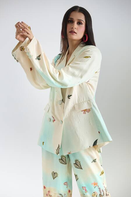 Buy_Prints By Radhika_Multi Color Twill Silk Satin Printed Floral Notched Placement Blazer And Pant Set _Online_at_Aza_Fashions