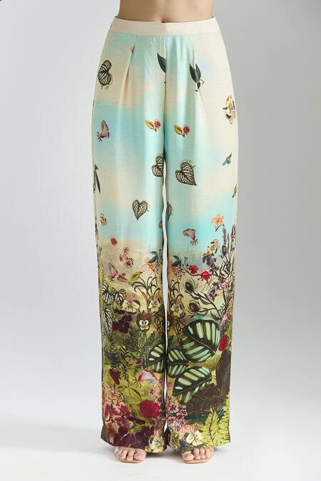 Shop_Prints By Radhika_Multi Color Twill Silk Satin Printed Floral Notched Placement Blazer And Pant Set _Online_at_Aza_Fashions