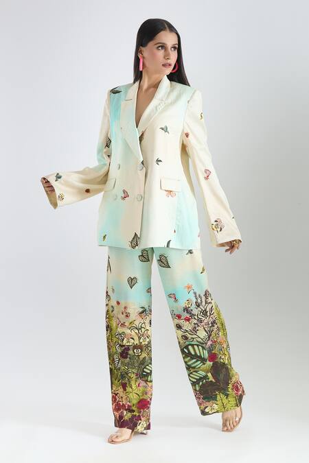Buy_Prints By Radhika_Multi Color Twill Silk Satin Printed Floral Notched Placement Blazer And Pant Set 