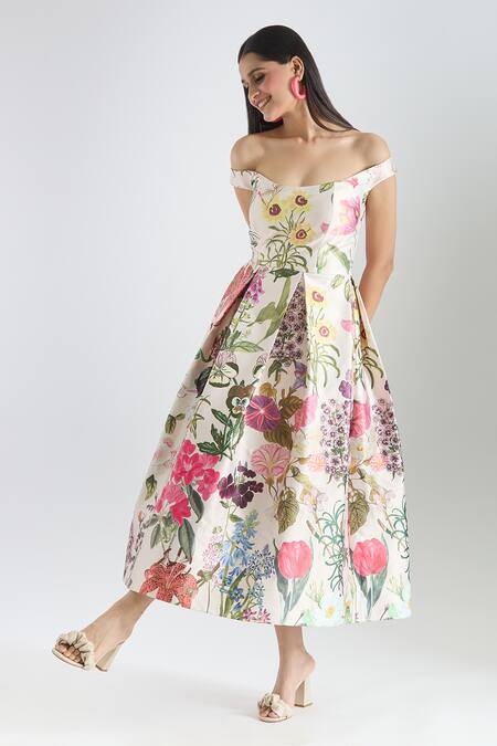 Prints By Radhika Multi Color Dutchess Satin Printed Botanical Straight Neck Dress Online at Aza Fashions Prints By Radhika_Multi Color Dutchess Satin Printed Botanical Straight Neck Dress _Online_at_Aza_Fashions