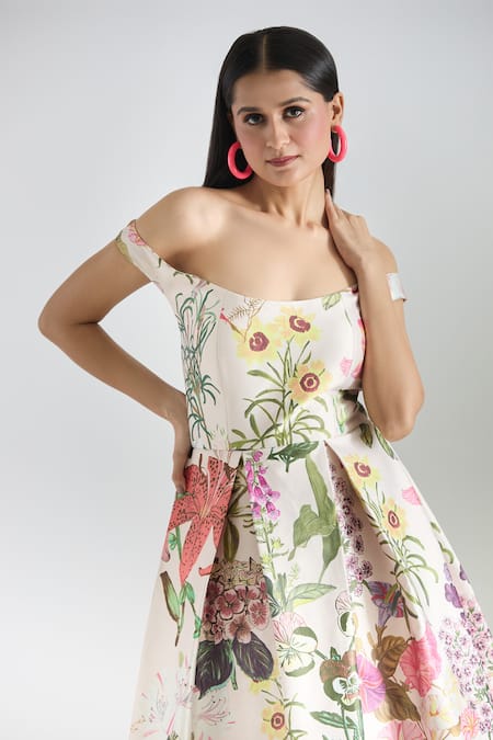 Buy Prints By Radhika Multi Color Dutchess Satin Printed Botanical Straight Neck Dress Online at Aza Fashions Buy_Prints By Radhika_Multi Color Dutchess Satin Printed Botanical Straight Neck Dress _Online_at_Aza_Fashions