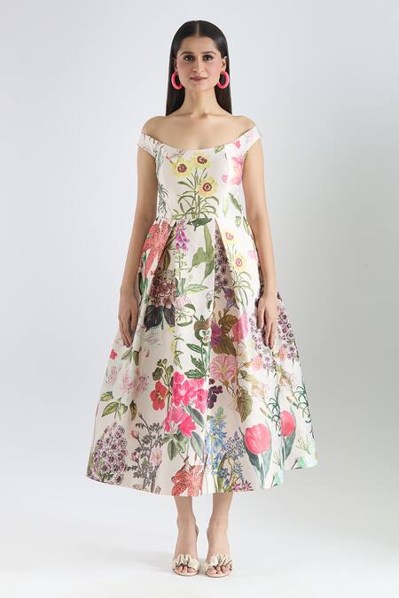 Prints By Radhika Multi Color Dutchess Satin Printed Botanical Straight Neck Dress at Aza Fashions Prints By Radhika_Multi Color Dutchess Satin Printed Botanical Straight Neck Dress _at_Aza_Fashions