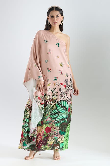 Prints By Radhika_Pink Crepe, Twill, Silk Satin Embroidery One Shoulder Botanical Print Kaftan _Online_at_Aza_Fashions