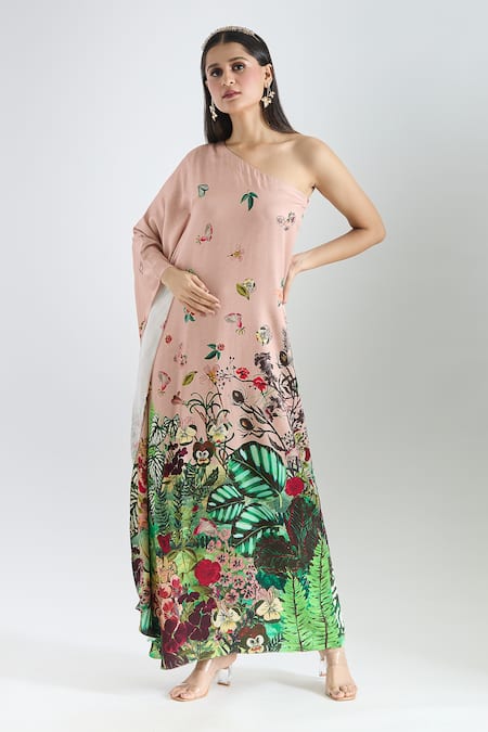 Buy_Prints By Radhika_Pink Crepe, Twill, Silk Satin Embroidery One Shoulder Botanical Print Kaftan _Online_at_Aza_Fashions