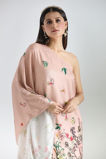 Shop_Prints By Radhika_Pink Crepe, Twill, Silk Satin Embroidery One Shoulder Botanical Print Kaftan _Online_at_Aza_Fashions