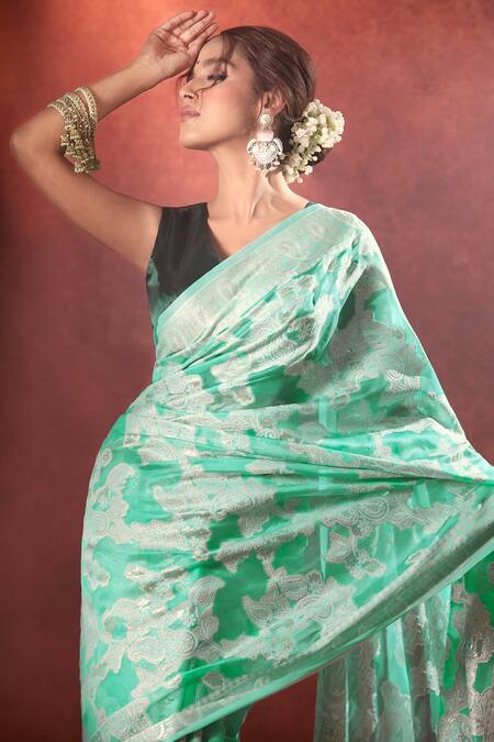 Buy_Samyukta Singhania_Green Organza Zari Chikankari Lucknowi Saree With Running Blouse_Online_at_Aza_Fashions