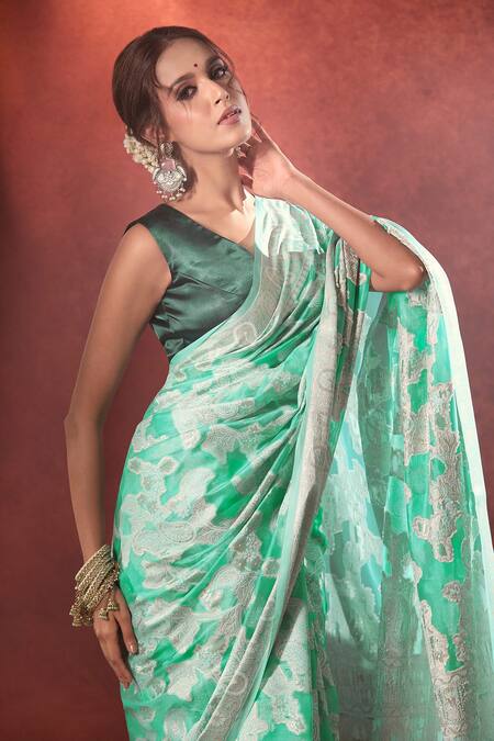 Shop_Samyukta Singhania_Green Organza Zari Chikankari Lucknowi Saree With Running Blouse_Online_at_Aza_Fashions