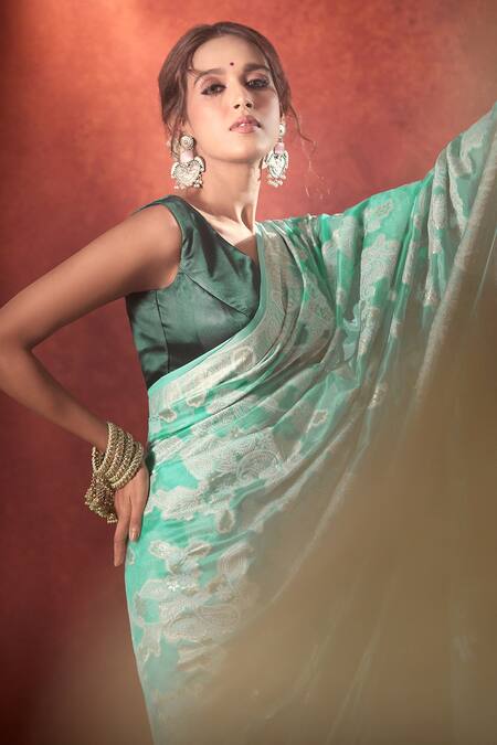 Samyukta Singhania_Green Organza Zari Chikankari Lucknowi Saree With Running Blouse_at_Aza_Fashions