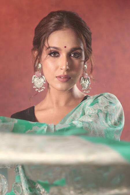 Shop_Samyukta Singhania_Green Organza Zari Chikankari Lucknowi Saree With Running Blouse