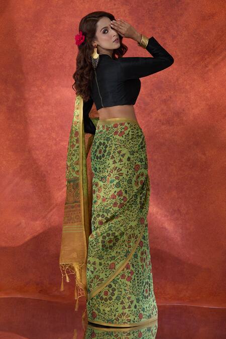 Shop Samyukta Singhania Green Tissue, Cotton Zari Floral Print Saree With Running Blouse at Aza Fashions Shop_Samyukta Singhania_Green Tissue, Cotton Zari Floral Print Saree With Running Blouse_at_Aza_Fashions