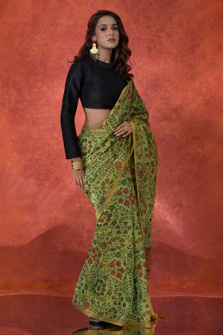 Shop Samyukta Singhania Green Tissue, Cotton Zari Floral Print Saree With Running Blouse Online at Aza Fashions Shop_Samyukta Singhania_Green Tissue, Cotton Zari Floral Print Saree With Running Blouse_Online_at_Aza_Fashions