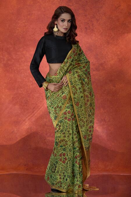 Samyukta Singhania Green Tissue, Cotton Zari Floral Print Saree With Running Blouse at Aza Fashions Samyukta Singhania_Green Tissue, Cotton Zari Floral Print Saree With Running Blouse_at_Aza_Fashions