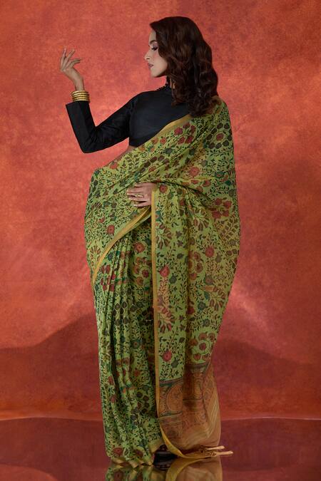 Buy Samyukta Singhania Green Tissue, Cotton Zari Floral Print Saree With Running Blouse Buy_Samyukta Singhania_Green Tissue, Cotton Zari Floral Print Saree With Running Blouse