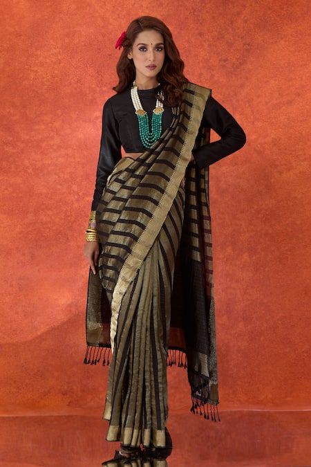 Samyukta Singhania Black Pure Viscose Weave Stripe Handwoven Saree With Running Blouse 