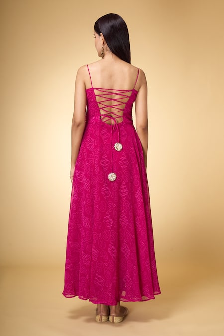 Samyukta Singhania Magenta Georgette, Chiffon Round Neck Bandhani Print Anarkali With Dupatta Online at Aza Fashions Samyukta Singhania_Magenta Georgette, Chiffon Round Neck Bandhani Print Anarkali With Dupatta _Online_at_Aza_Fashions