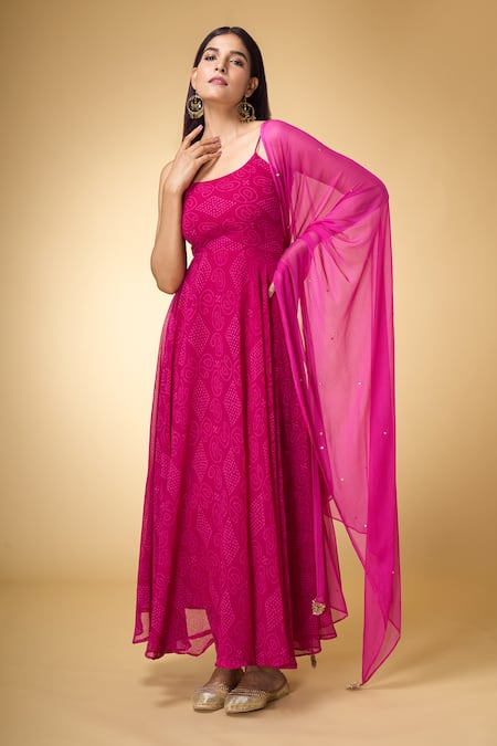 Buy Samyukta Singhania Magenta Georgette, Chiffon Round Neck Bandhani Print Anarkali With Dupatta Online at Aza Fashions Buy_Samyukta Singhania_Magenta Georgette, Chiffon Round Neck Bandhani Print Anarkali With Dupatta _Online_at_Aza_Fashions