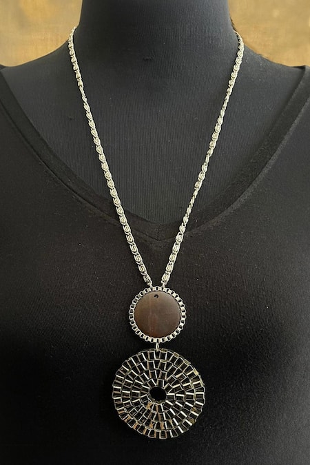 Shop Rejuvenate Jewels Silver Plated Geometric Carved Pendant Necklace at Aza Fashions Shop_Rejuvenate Jewels_Silver Plated Geometric Carved Pendant Necklace _at_Aza_Fashions