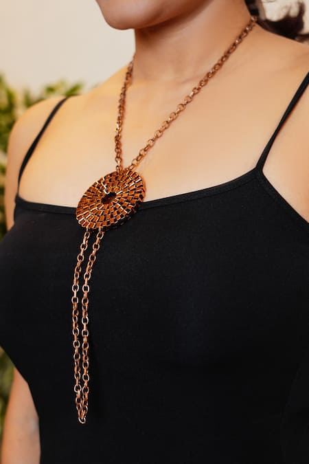 Rejuvenate Jewels_Gold Plated Round Carved Cutwork Pendant Necklace _at_Aza_Fashions