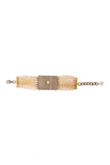 Shop Rejuvenate Jewels Gold Plated Pearls Kundan Embellished Mesh Bracelet at Aza Fashions Shop_Rejuvenate Jewels_Gold Plated Pearls Kundan Embellished Mesh Bracelet _at_Aza_Fashions