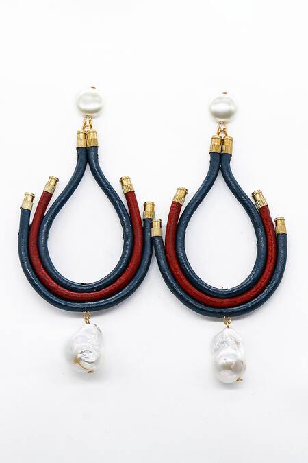 Rejuvenate Jewels_White Crystals, Pearls Outreach Leather Cord Dangler Earrings_Online_at_Aza_Fashions