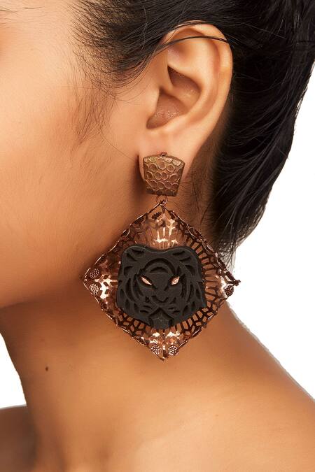 Rejuvenate Jewels_Black Imitation Diamonds Swadesh Fearless Tiger Earrings _Online_at_Aza_Fashions