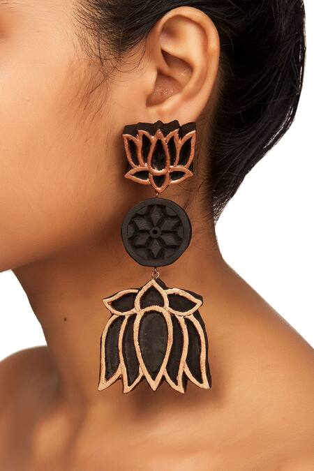 Rejuvenate Jewels_Black Embroidery Lotus Carved Long Earrings_Online_at_Aza_Fashions