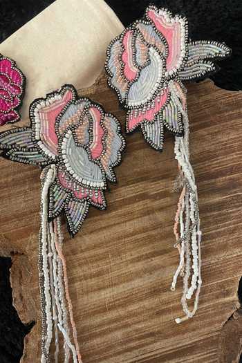 Shop Rejuvenate Jewels Pink Sequins, Beads, Embroidery Hand Petal Flower Earrings at Aza Fashions Shop_Rejuvenate Jewels_Pink Sequins, Beads, Embroidery Hand Petal Flower Earrings _at_Aza_Fashions