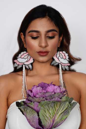 Buy_Rejuvenate Jewels_Pink Sequins, Beads, Embroidery Hand Petal Flower Earrings _Online_at_Aza_Fashions