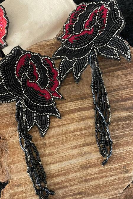Shop Rejuvenate Jewels Black Sequins, Beads, Embroidery Hand Petal Long Earrings at Aza Fashions Shop_Rejuvenate Jewels_Black Sequins, Beads, Embroidery Hand Petal Long Earrings _at_Aza_Fashions
