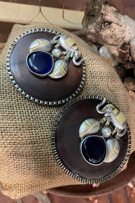 Shop_Rejuvenate Jewels_Silver Plated Oxidize Elephant On Wood Earrings _at_Aza_Fashions