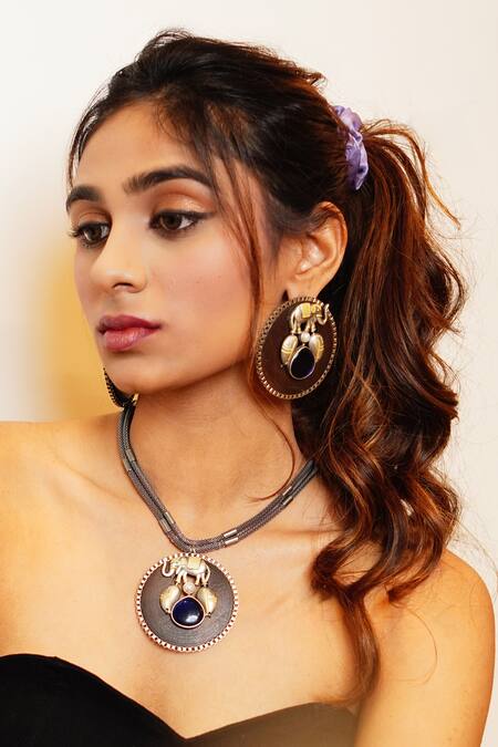 Rejuvenate Jewels_Silver Plated Oxidize Elephant On Wood Earrings _Online_at_Aza_Fashions