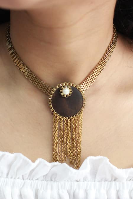 Rejuvenate Jewels Brown Tassel Chain Choker Necklace 