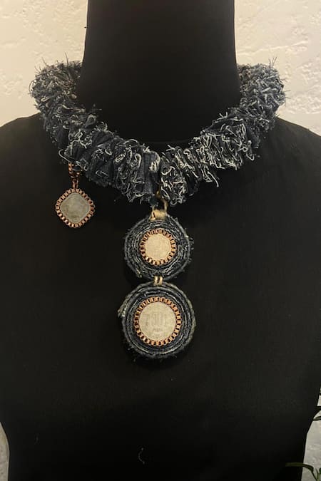 Shop Rejuvenate Jewels Blue 50 Paisa Denim Ruffled Necklace at Aza Fashions Shop_Rejuvenate Jewels_Blue 50 Paisa Denim Ruffled Necklace _at_Aza_Fashions