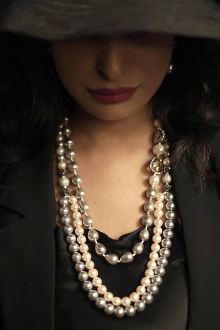 Rejuvenate Jewels_White Diamond Ball And Layered Pearl Necklace _Online_at_Aza_Fashions