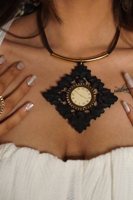 Shop Rejuvenate Jewels Brown Clock On Wood Pendant Necklace at Aza Fashions Shop_Rejuvenate Jewels_Brown Clock On Wood Pendant Necklace _at_Aza_Fashions