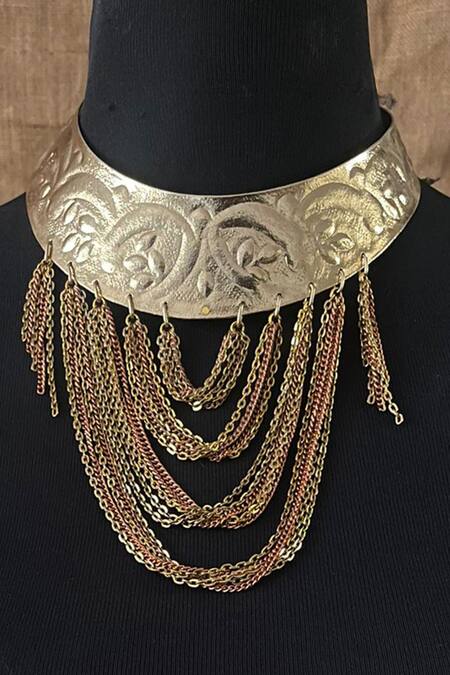 Shop Rejuvenate Jewels Gold Plated Tassel Chainy Choker at Aza Fashions Shop_Rejuvenate Jewels_Gold Plated Tassel Chainy Choker _at_Aza_Fashions