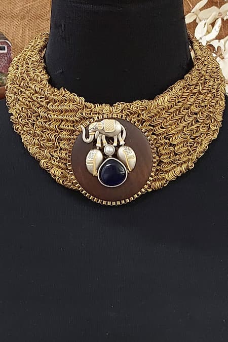 Shop Rejuvenate Jewels Gold Plated Elephant On Wired Choker at Aza Fashions Shop_Rejuvenate Jewels_Gold Plated Elephant On Wired Choker _at_Aza_Fashions