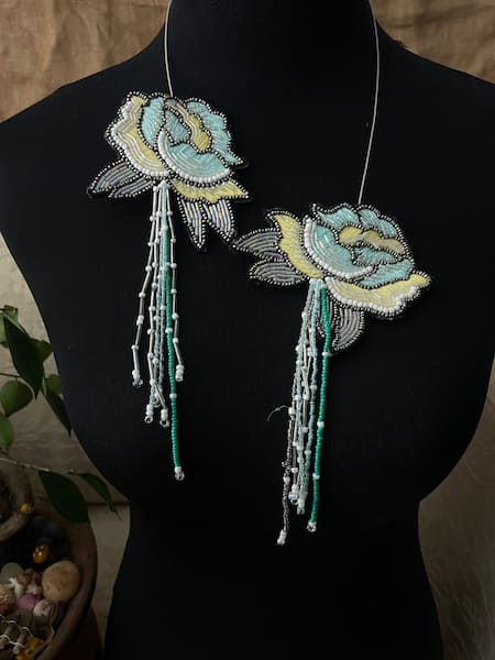 Shop Rejuvenate Jewels Sky Blue Hand Embroidered Petal Necklace at Aza Fashions Shop_Rejuvenate Jewels_Sky Blue Hand Embroidered Petal Necklace _at_Aza_Fashions