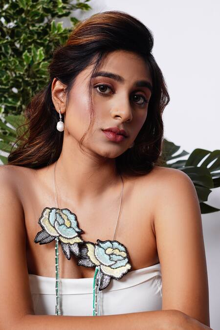 Buy_Rejuvenate Jewels_Sky Blue Hand Embroidered Petal Necklace _Online_at_Aza_Fashions