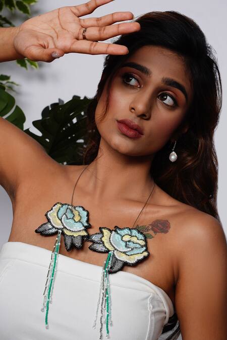 Shop_Rejuvenate Jewels_Sky Blue Hand Embroidered Petal Necklace _Online_at_Aza_Fashions